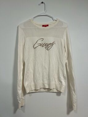 GUESS Cream Mesh Yoke Logo Sweater